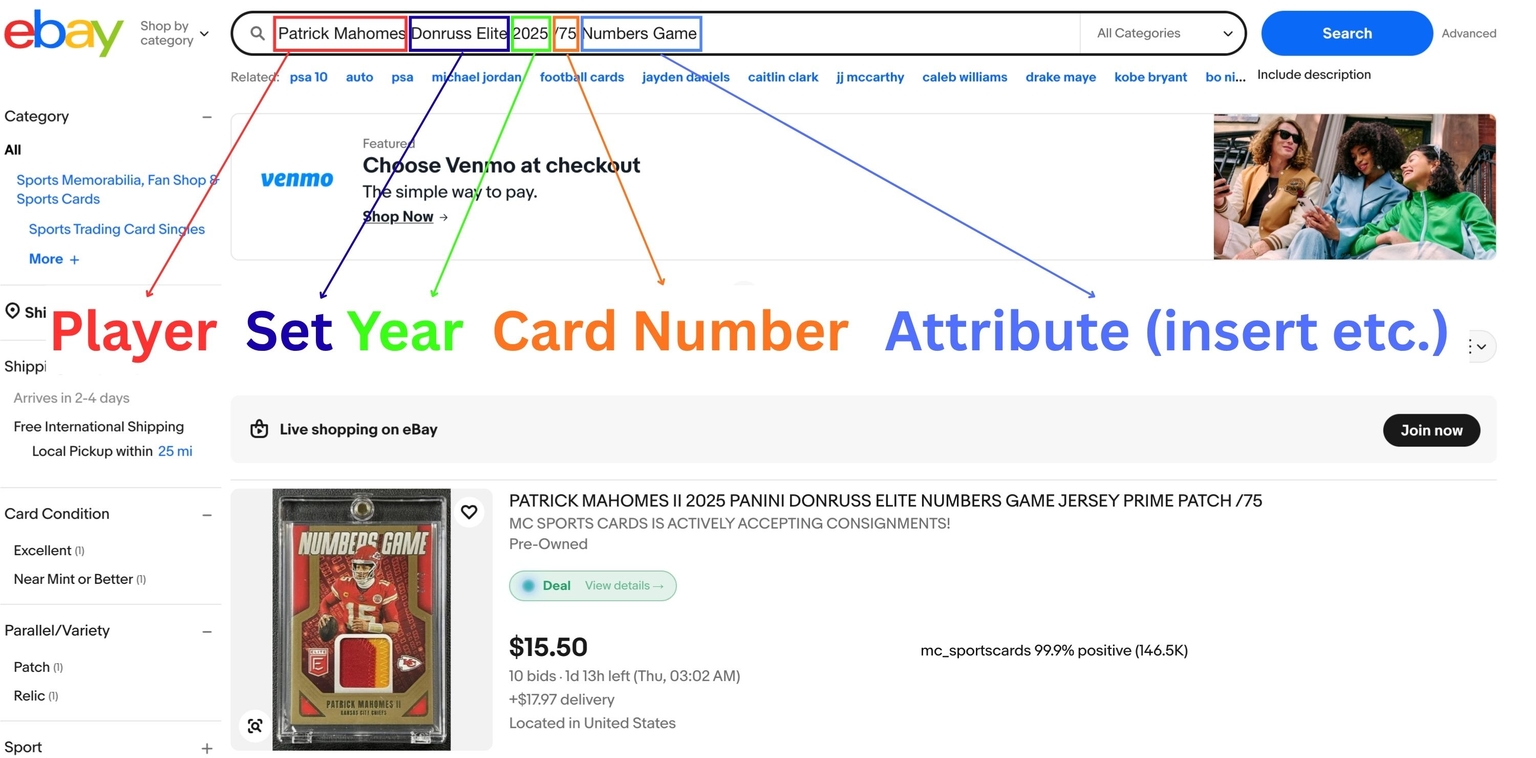 eBay search for sports cards