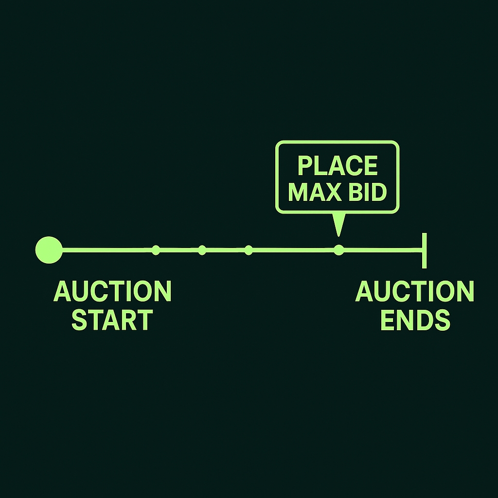 Timeline of auction end with "Place max bid" moment highlighted