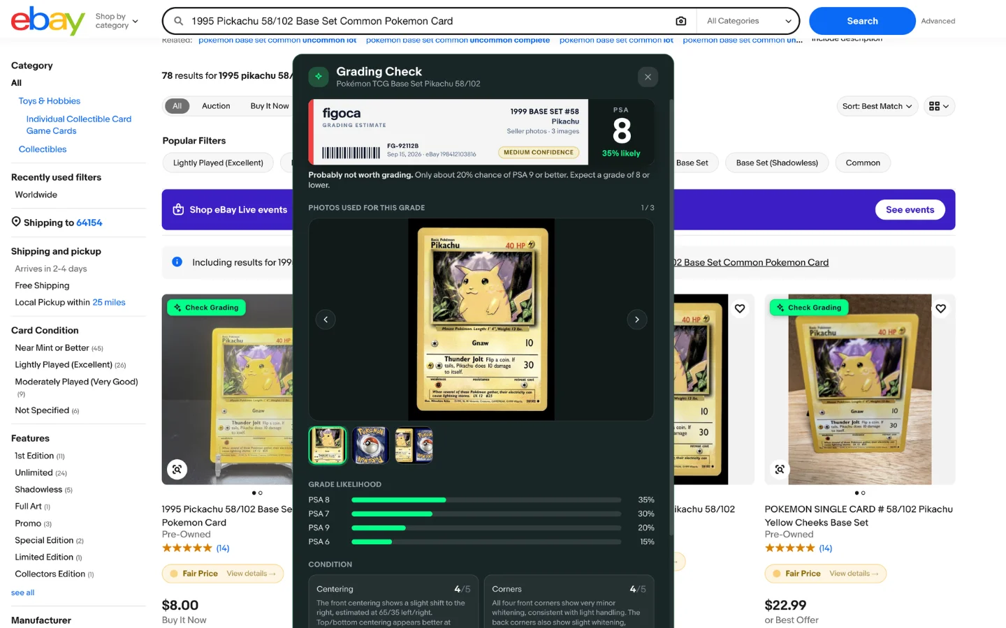 The grading panel with the figoca label, grade likelihood and the seller photos it was based on