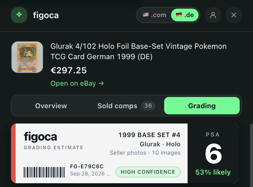 The new side panel on an ebay.de listing with the market toggle, the Overview, Sold comps and Grading tabs and the figoca grading label