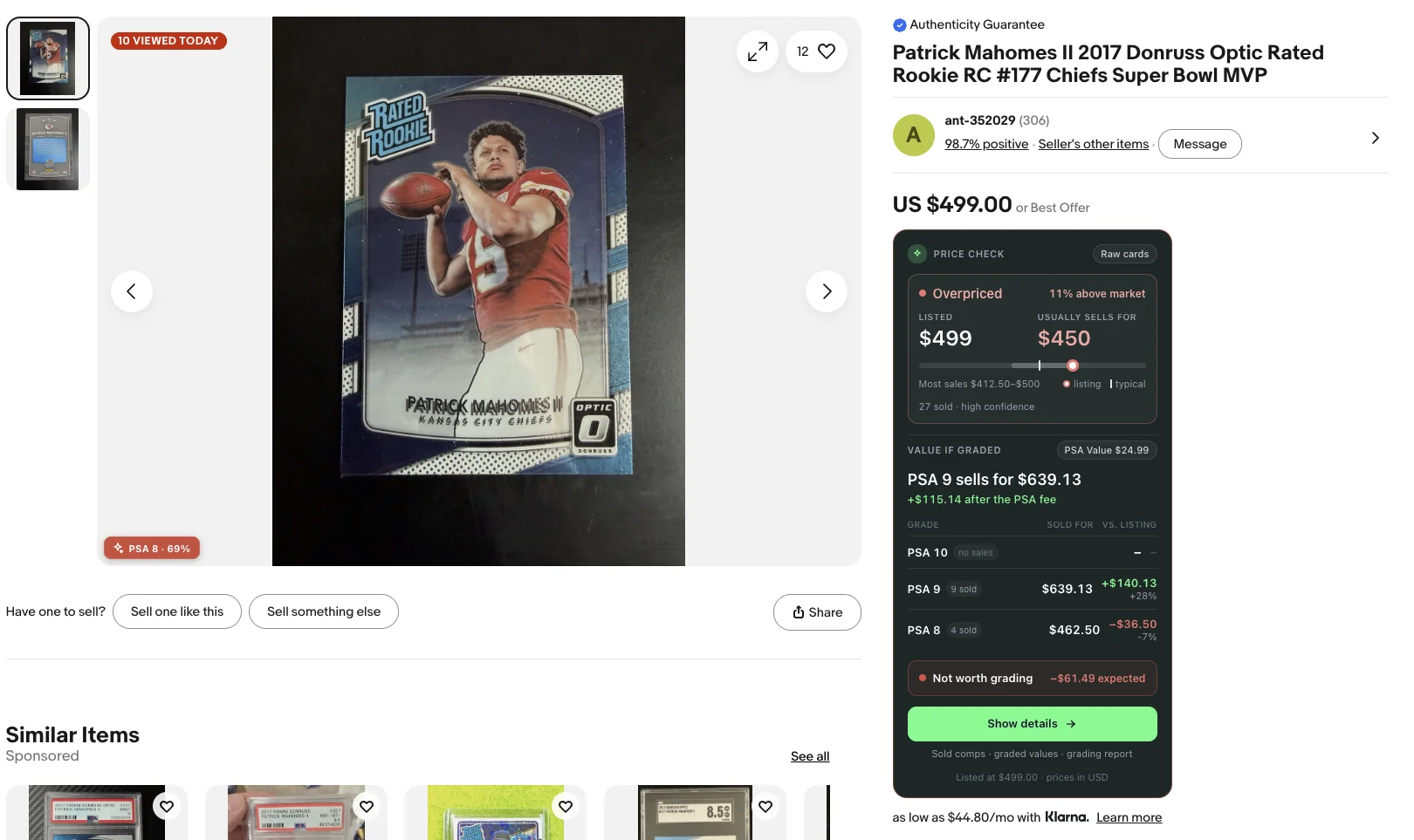 The value card under an eBay item price with the PSA 10, 9 and 8 prices and the net after the grading fee