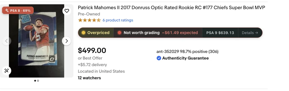 The strip on a search result with deal rating, graded value and verdict