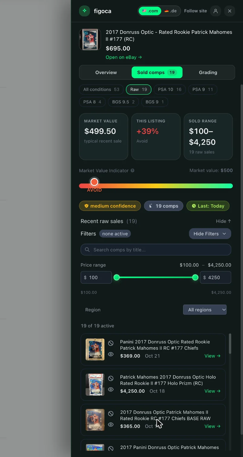 a raw card's panel with Raw selected and the graded conditions one tap away