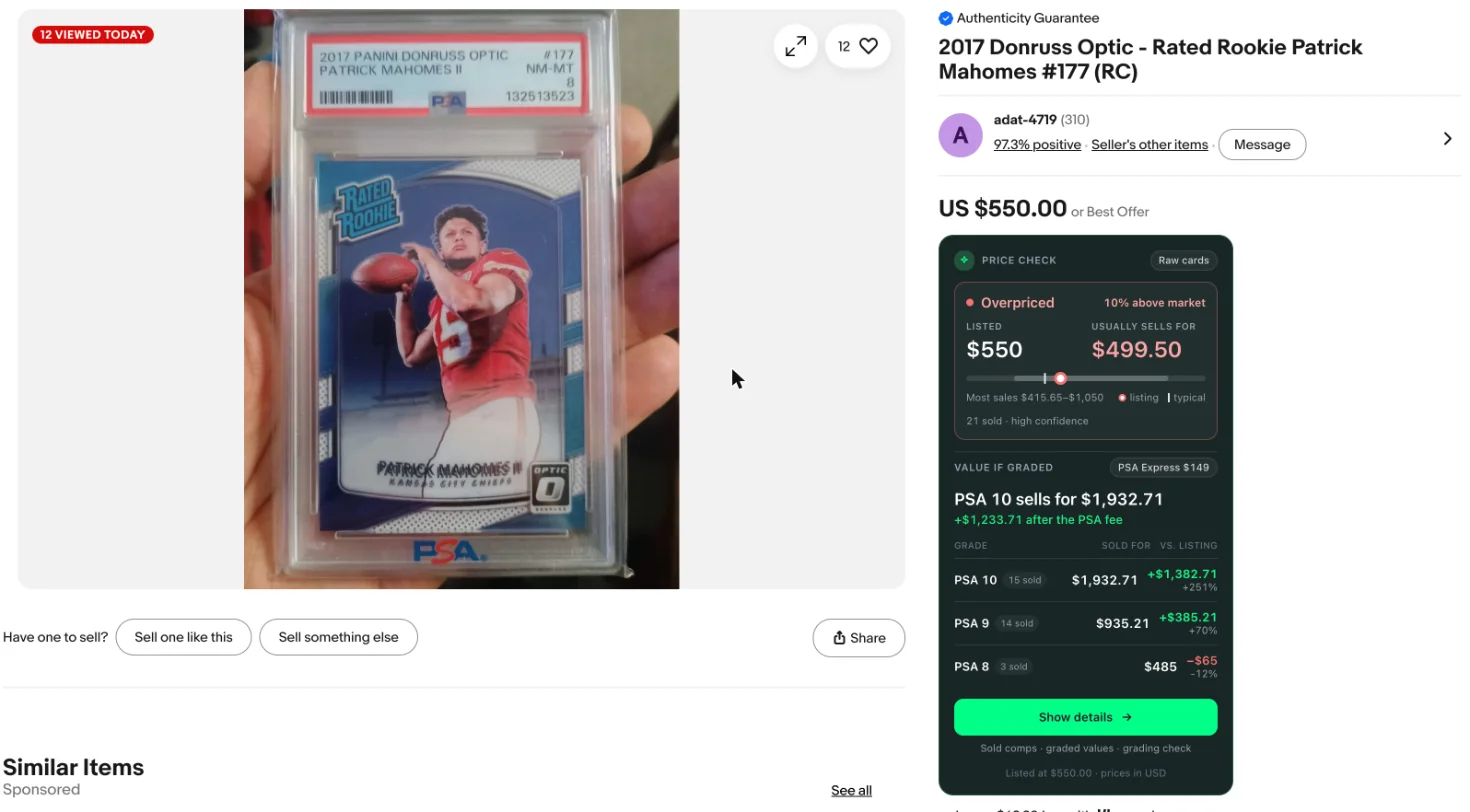 the item page with the value card under eBay's price, which opens the side panel