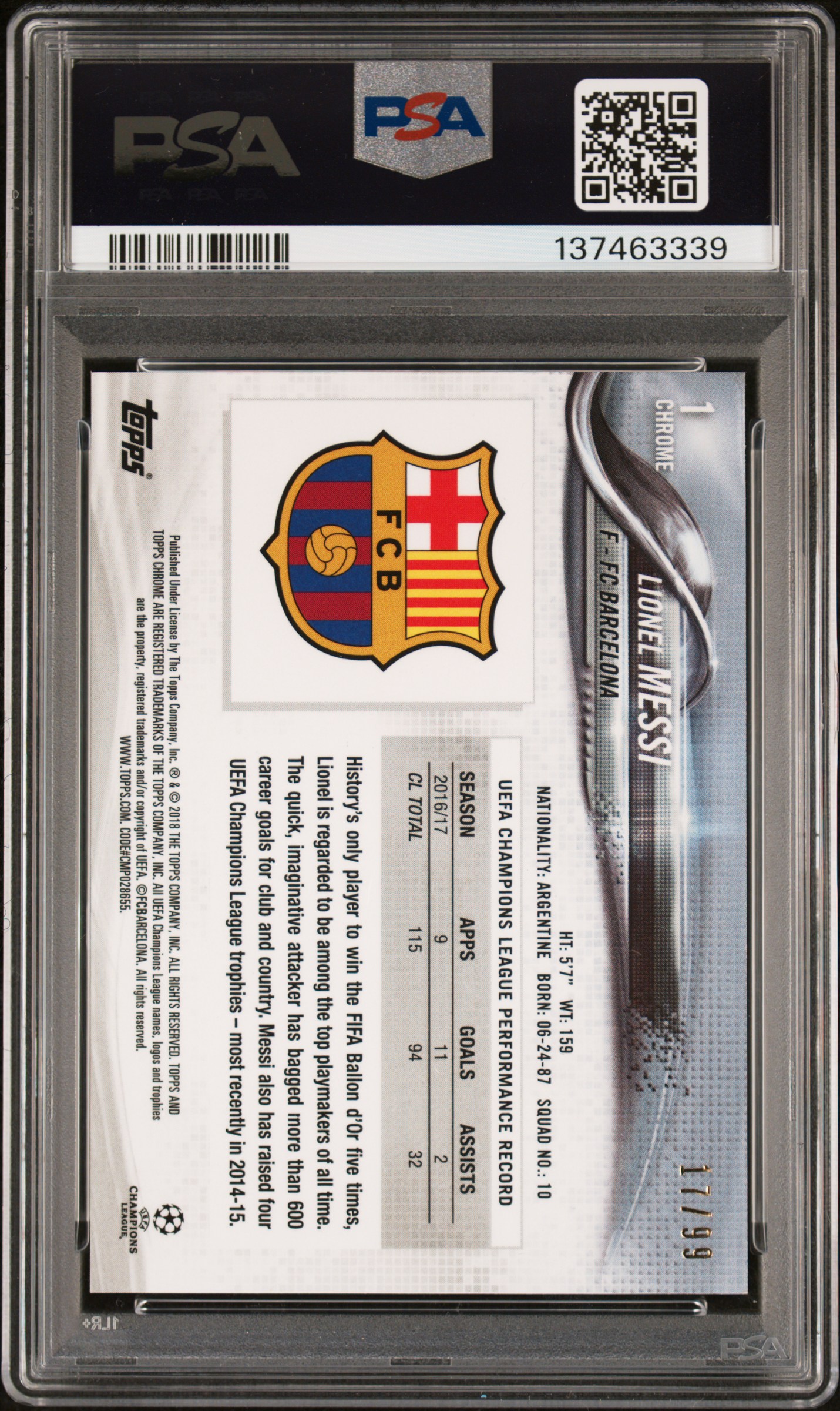 Back of the Messi card graded PSA 4