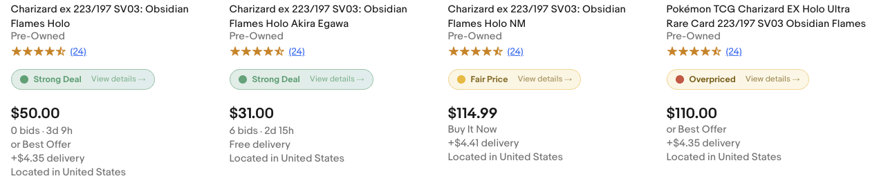Color-coded deal pills on eBay search results showing Strong Deal, Fair Price, and Overpriced labels