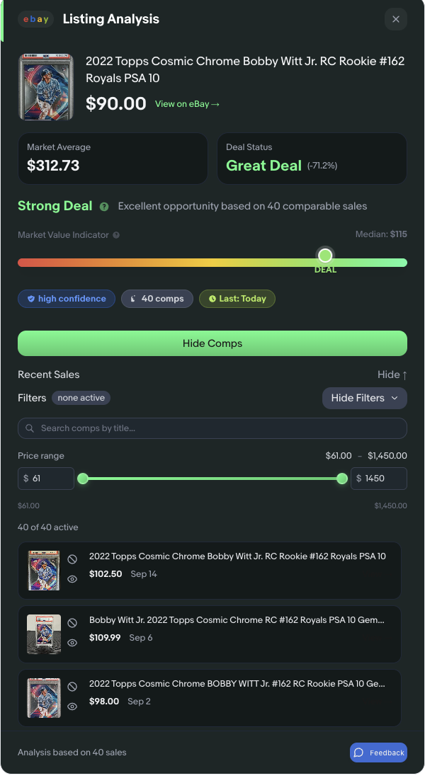 figoca analysis panel showing listing price compared to recent sold prices with a deal recommendation