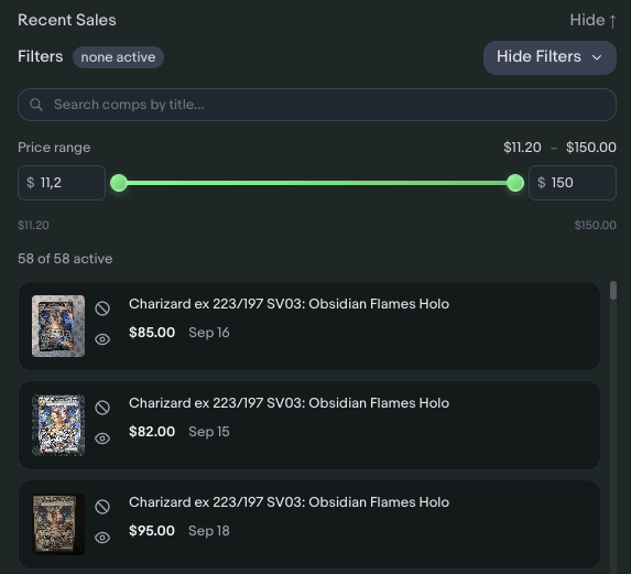 Recent sales list with search filter, price range slider, and toggleable comp entries