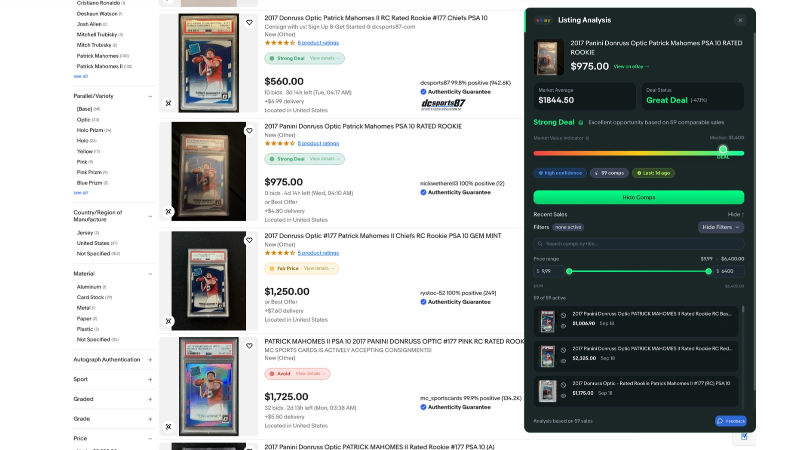 figoca browser extension showing deal signals and recent sales on eBay search results