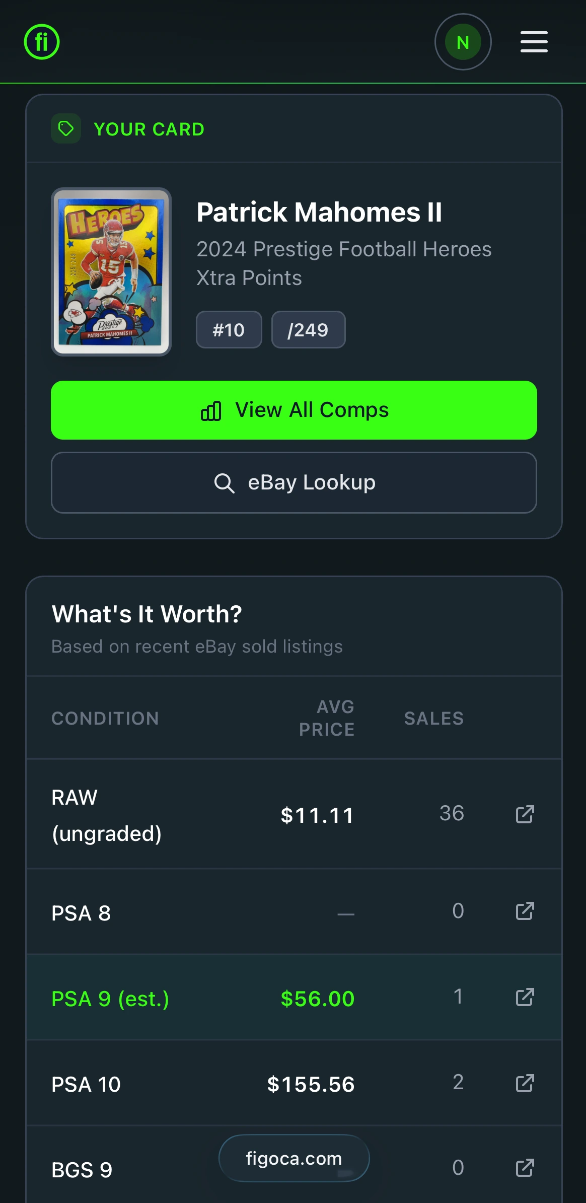 Pro feature: Card identification shows year, set, player, and parallel