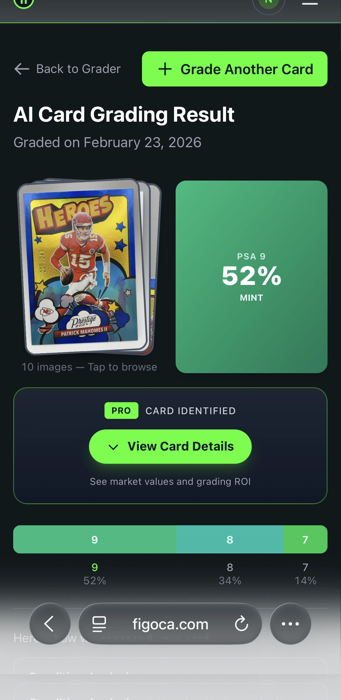 AI card grading result showing PSA-style grade probability