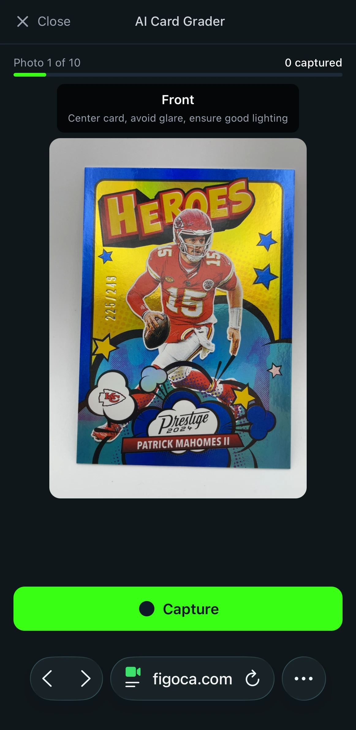 Taking a photo of a trading card for AI grading