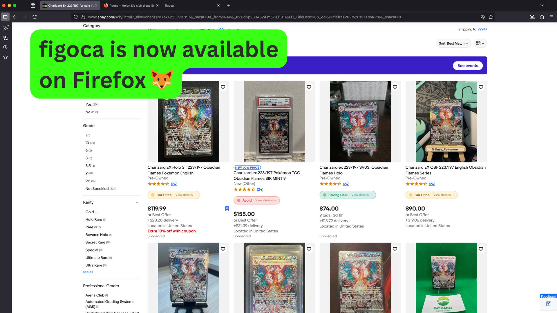 figoca for Firefox: real-time eBay card prices